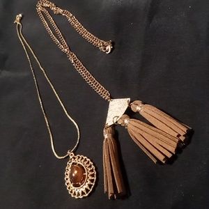 Pendant necklaces 2 tassels & amber like pendants.